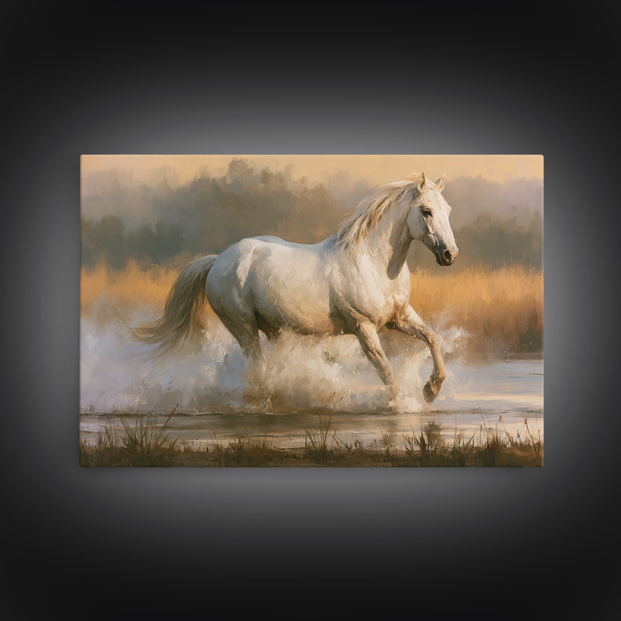 White Horse Running Through Shallow Water Canvas Print, Equestrian Art, Cabin Decor, Living Room Decor, Fine Art, Equestrian, EQU-3x2-57