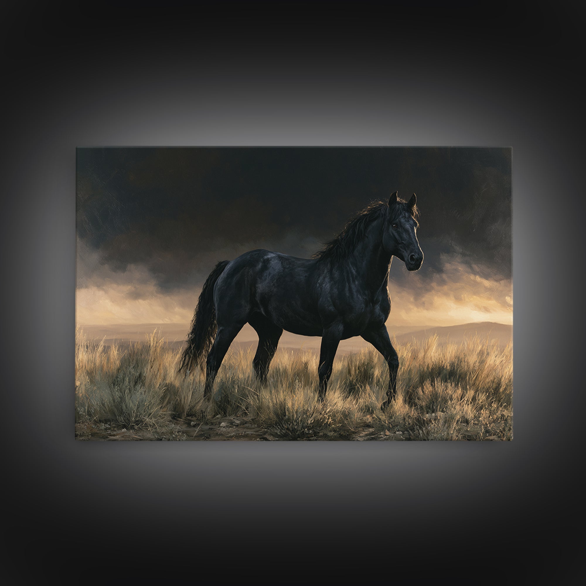 Black Horse Portrait on Deep Charcoal Background Canvas Print, Equestrian Art, Green Wall Art, Living Room Decor, Equestrian, EQU-3x2-78