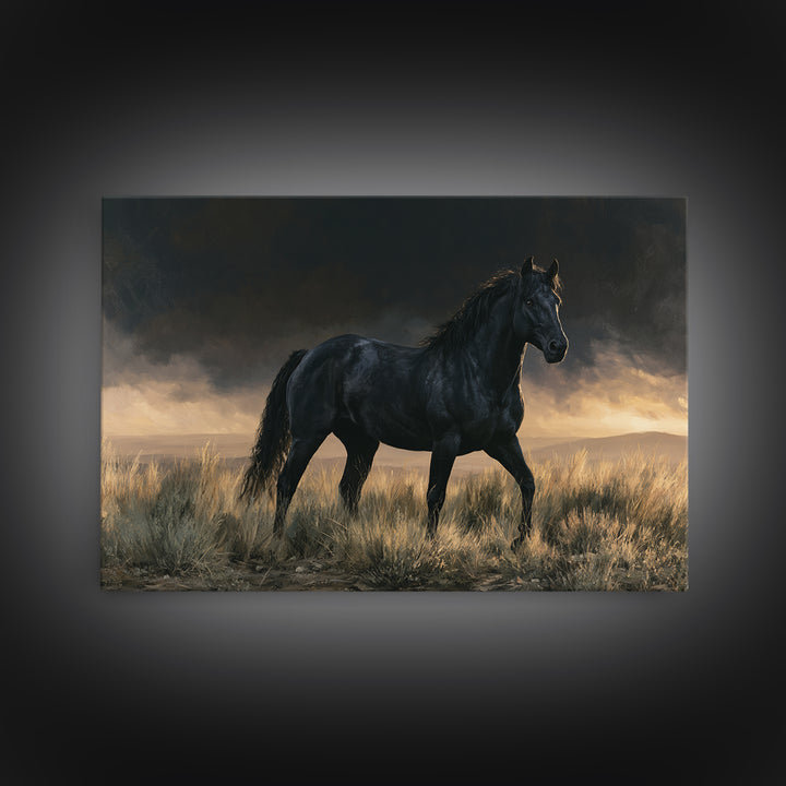 Black Horse Portrait on Deep Charcoal Background Canvas Print, Equestrian Art, Green Wall Art, Living Room Decor, Equestrian, EQU-3x2-78