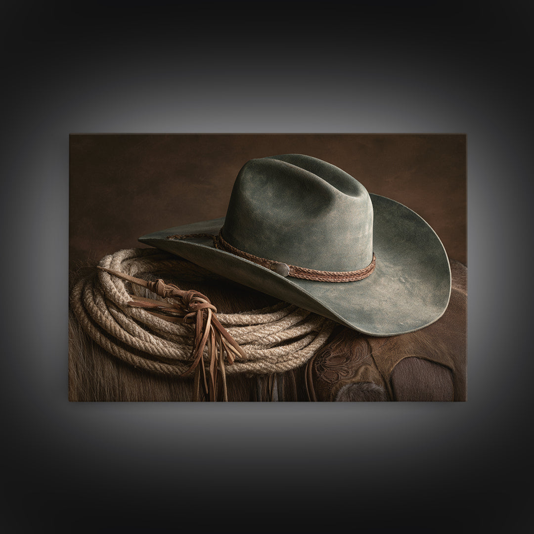 Cowgirl Hat and Reins Still Life Framed Canvas Print, Equestrian Art, Fine Art Print, Living Room Decor, Fine Art, Equestrian, EQU-3x2-87