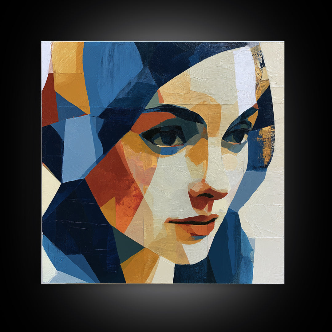 Woman in Blue with Dramatic Expressive Eyes Framed Canvas Print, Expressionist Art, Living Room Decor, Fine Art, Expression, EXP-1x1-16
