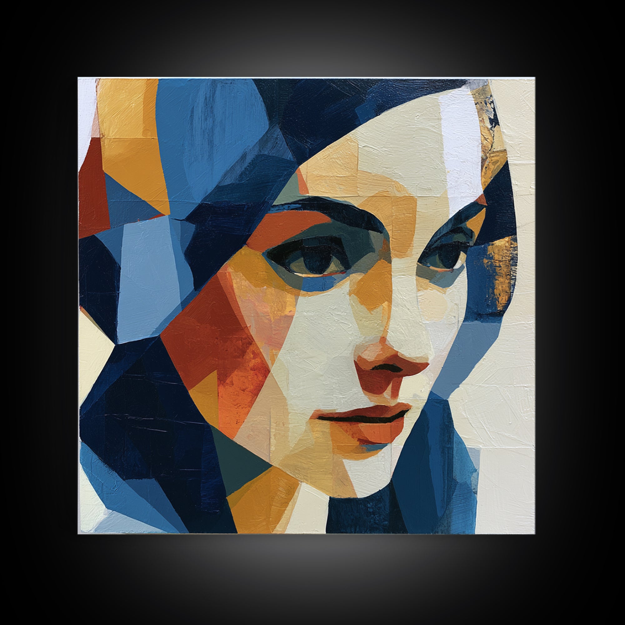 Woman in Blue with Dramatic Expressive Eyes Framed Canvas Print, Expressionist Art, Living Room Decor, Fine Art, Expression, EXP-1x1-16
