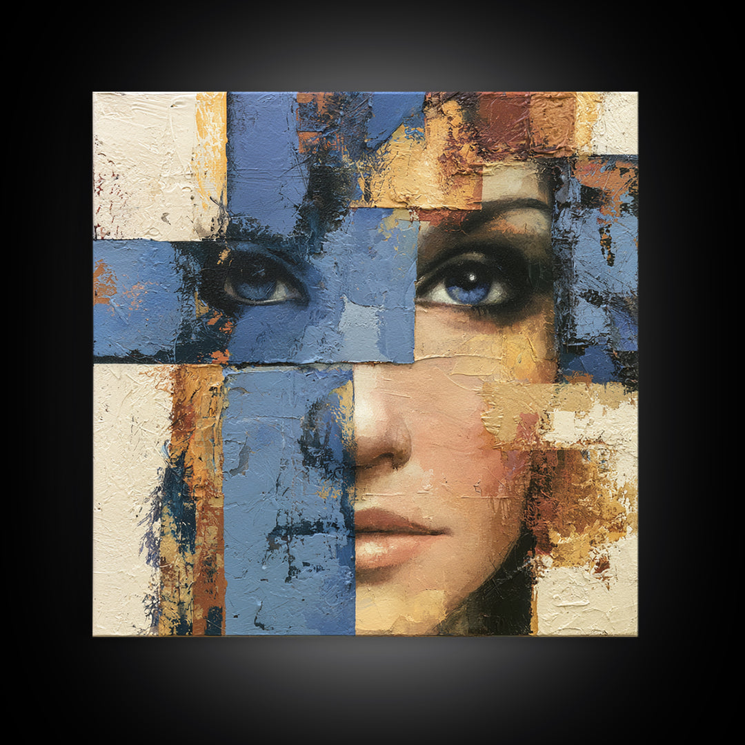 Woman in Blue with Dramatic Expressive Eyes Canvas Print, Expressionist Art, Room Decor, Living Room Decor, Expression, EXP-1x1-40