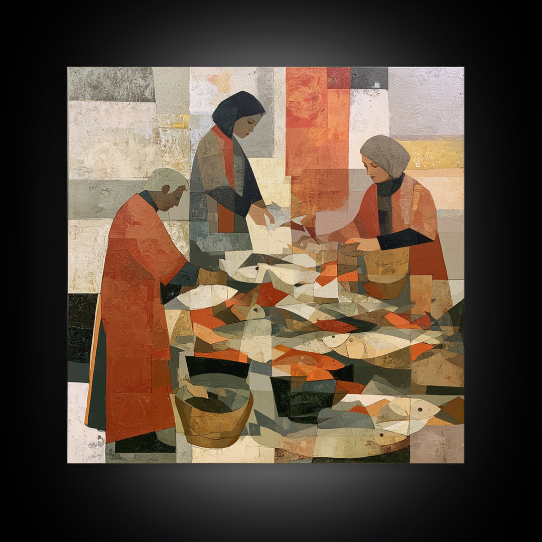 Fish Market Scene Framed Canvas Print, Expressionist Art, Minimalist Wall Art, Living Room Decor, Fine Art, Expression, EXP-1x1-46