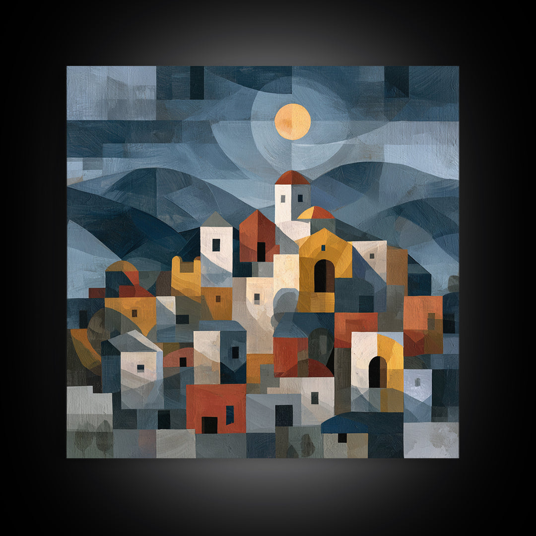 Moonlit Village with Swirling Unnatural Color Canvas Print, Expressionist Art, Unique Wall Art, Living Room Decor, Expression, EXP-1x1-60