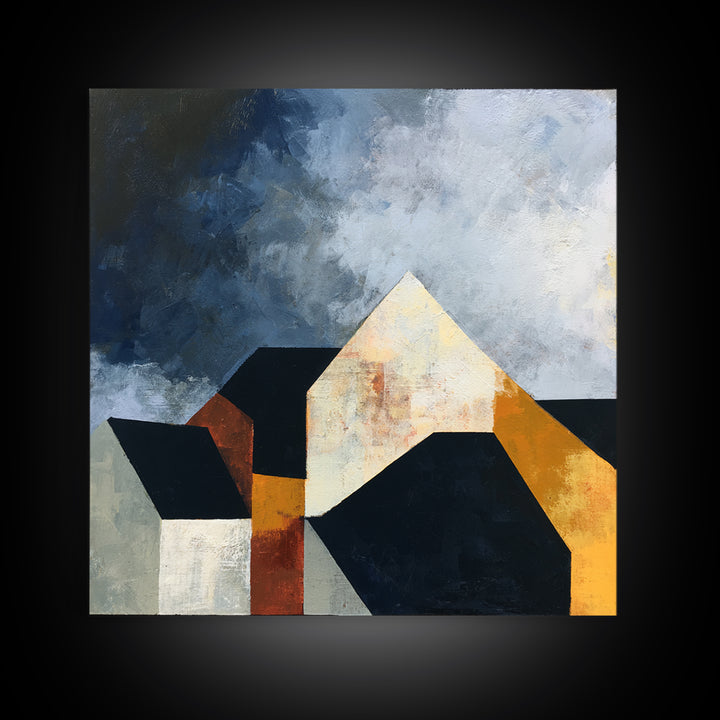 Storm Clouds Above Sharp Black Rooftops Framed Canvas Print, Expressionist Art, Neutral Decor, Living Room Decor, Expression, EXP-1x1-63