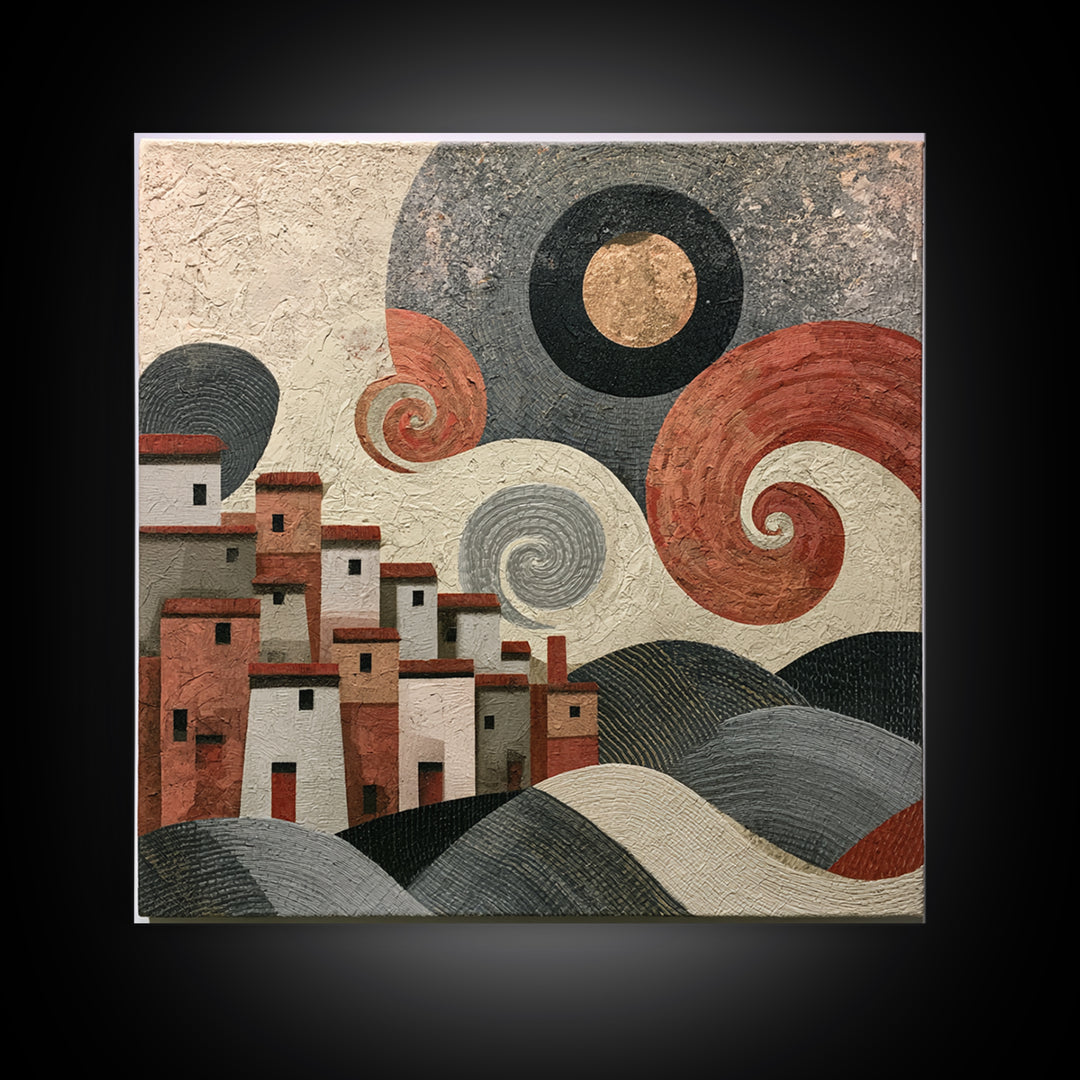 Moonlit Village with Swirling Unnatural Color Canvas Print, Expressionist Art, Moody Wall Art, Living Room Decor, Expression, EXP-1x1-84