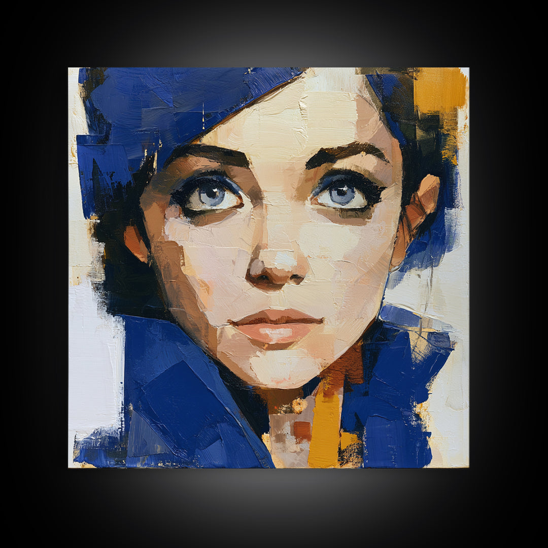 Woman in Blue with Dramatic Expressive Eyes Canvas Print, Expressionist Art, Minimalist Decor, Living Room Decor, Expression, EXP-1x1-88