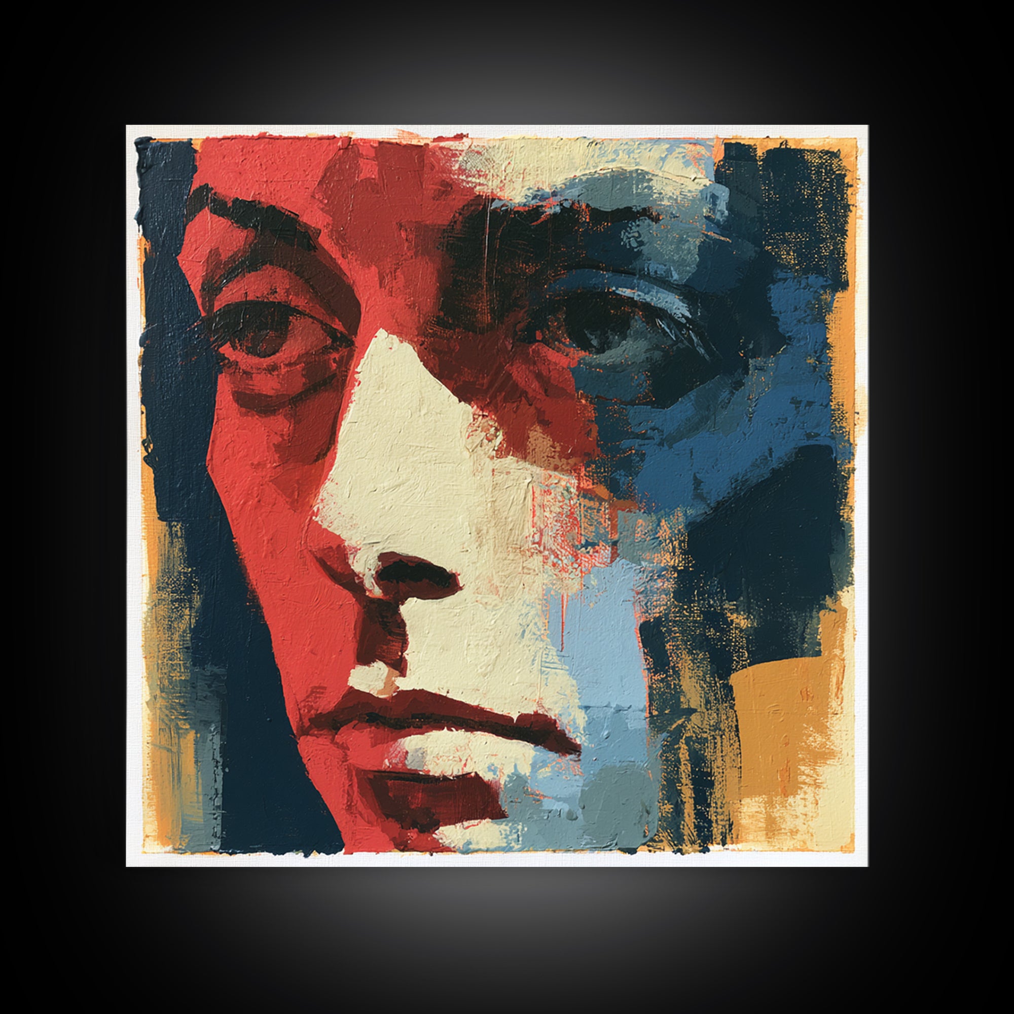Emotional Portrait with Bold Red and Blue Canvas Print, Expressionist Art, Textured Painting, Living Room Decor, Expression, EXP-1x1-98