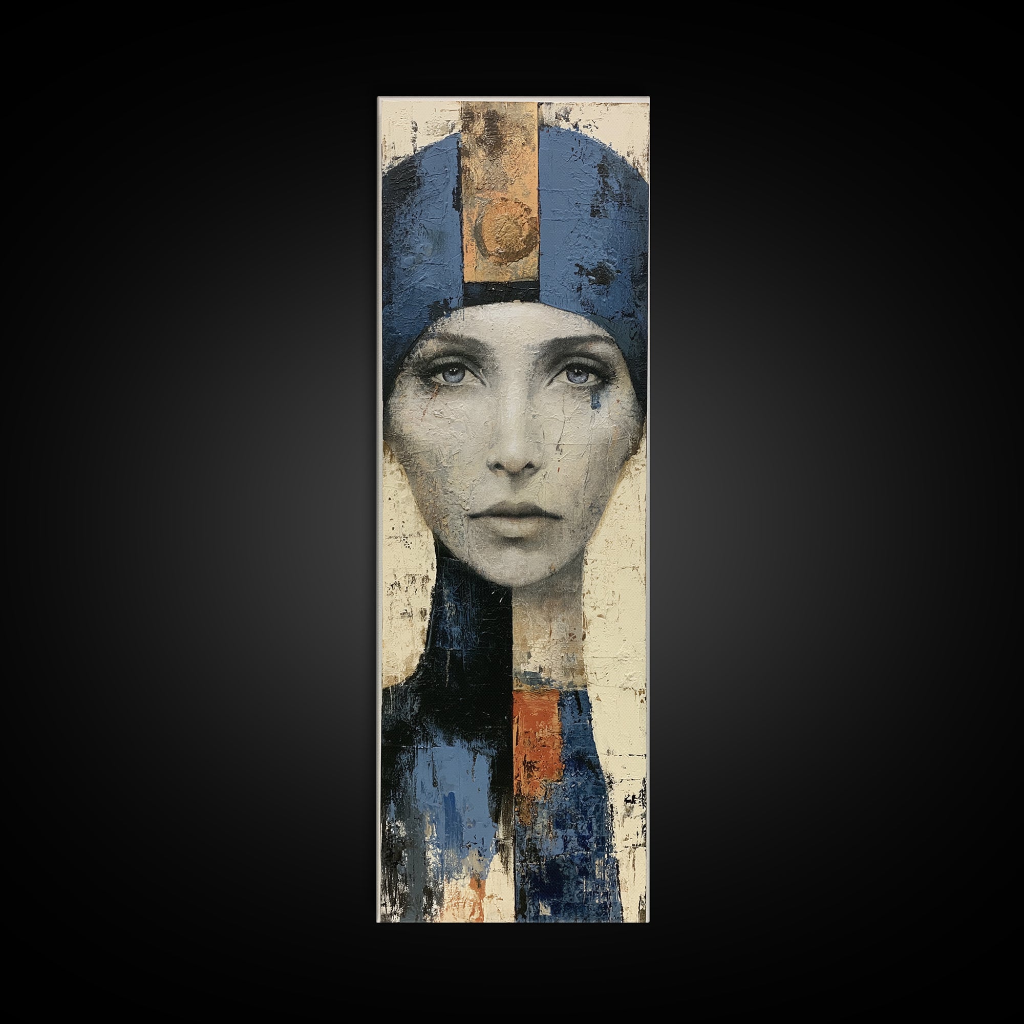 Woman in Blue with Dramatic Expressive Eyes Canvas Print, Expressionist Art, Painting, Living Room Decor, Fine Art, Expression, EXP-1x3-28