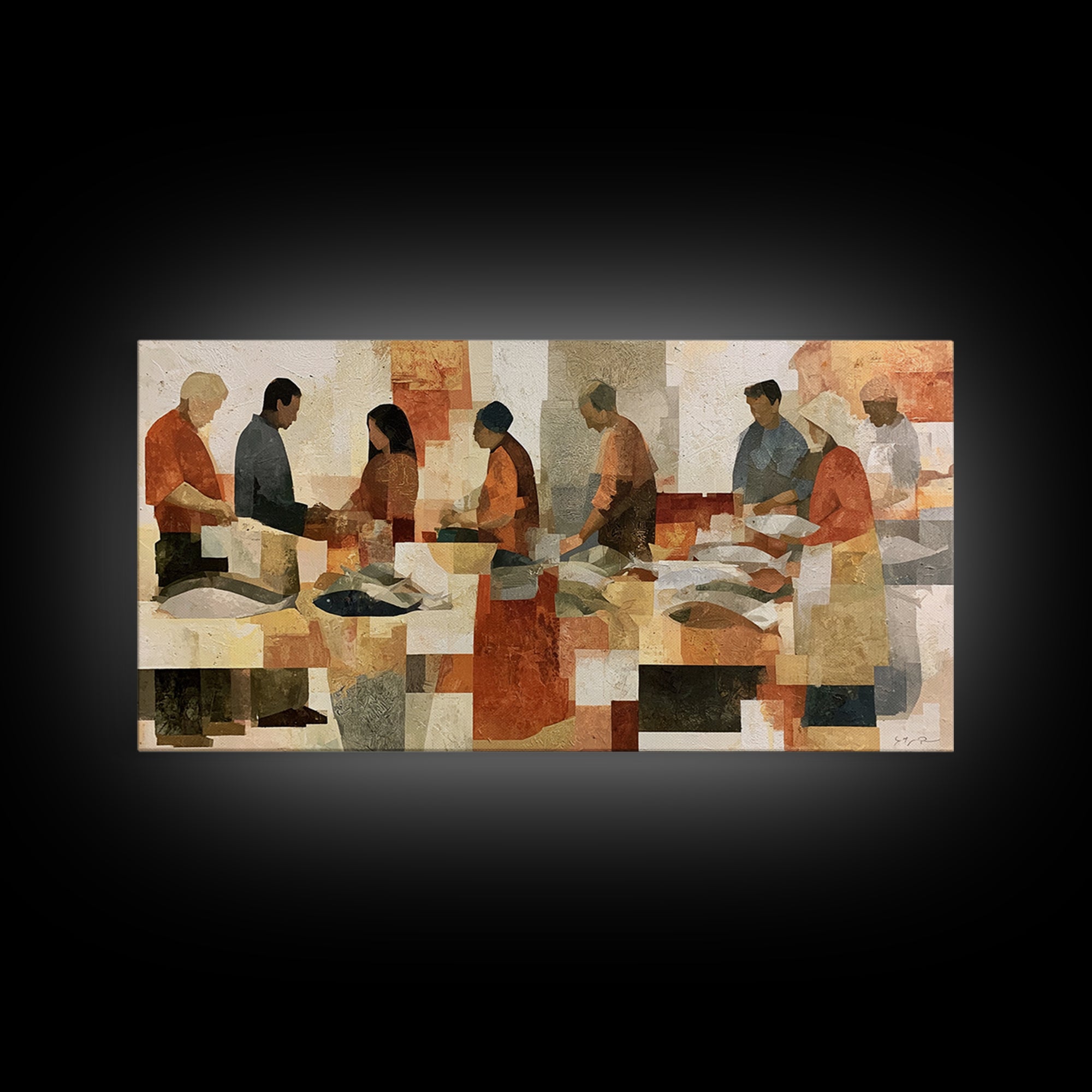Fish Market Scene Framed Canvas Print, Expressionist Art, Room Decor, Living Room Decor, Abstract Art, Expression, EXP-2x1-18