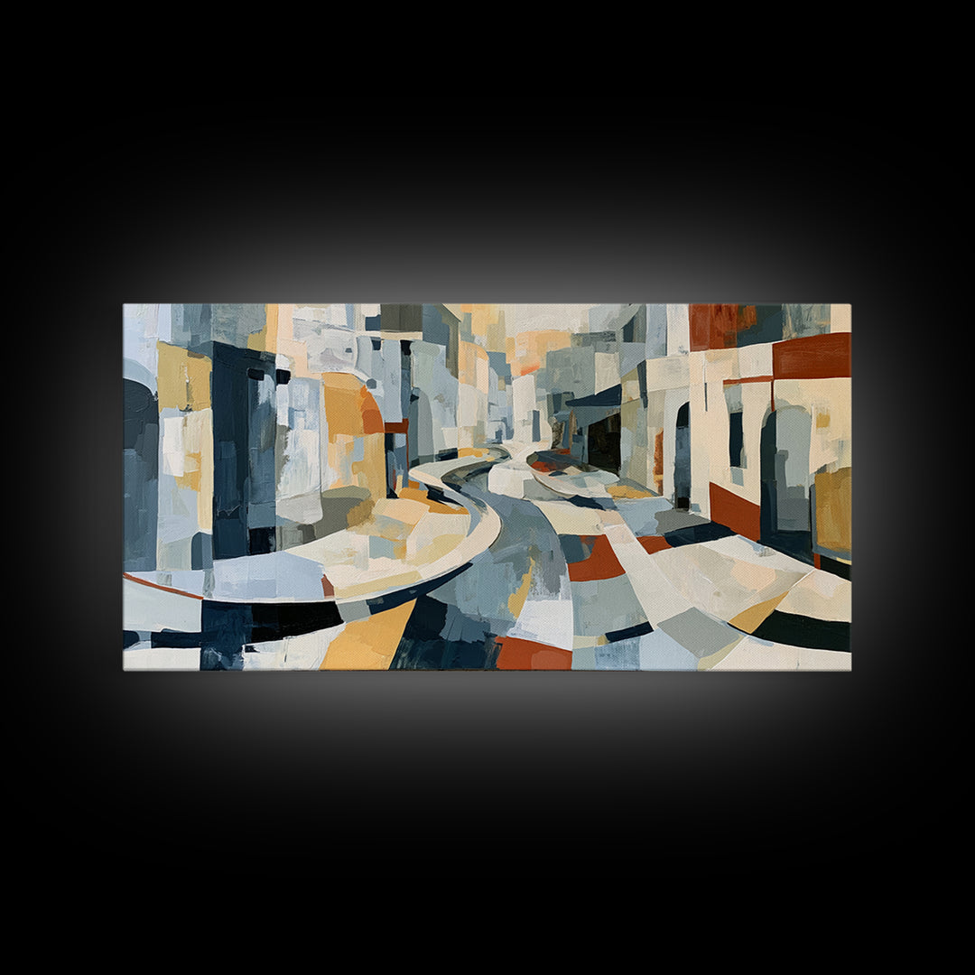 Distorted City Street Framed Canvas Print, Expressionist Art, Abstract Art, Living Room Decor, Expression, Blue Wall Art, EXP-2x1-45