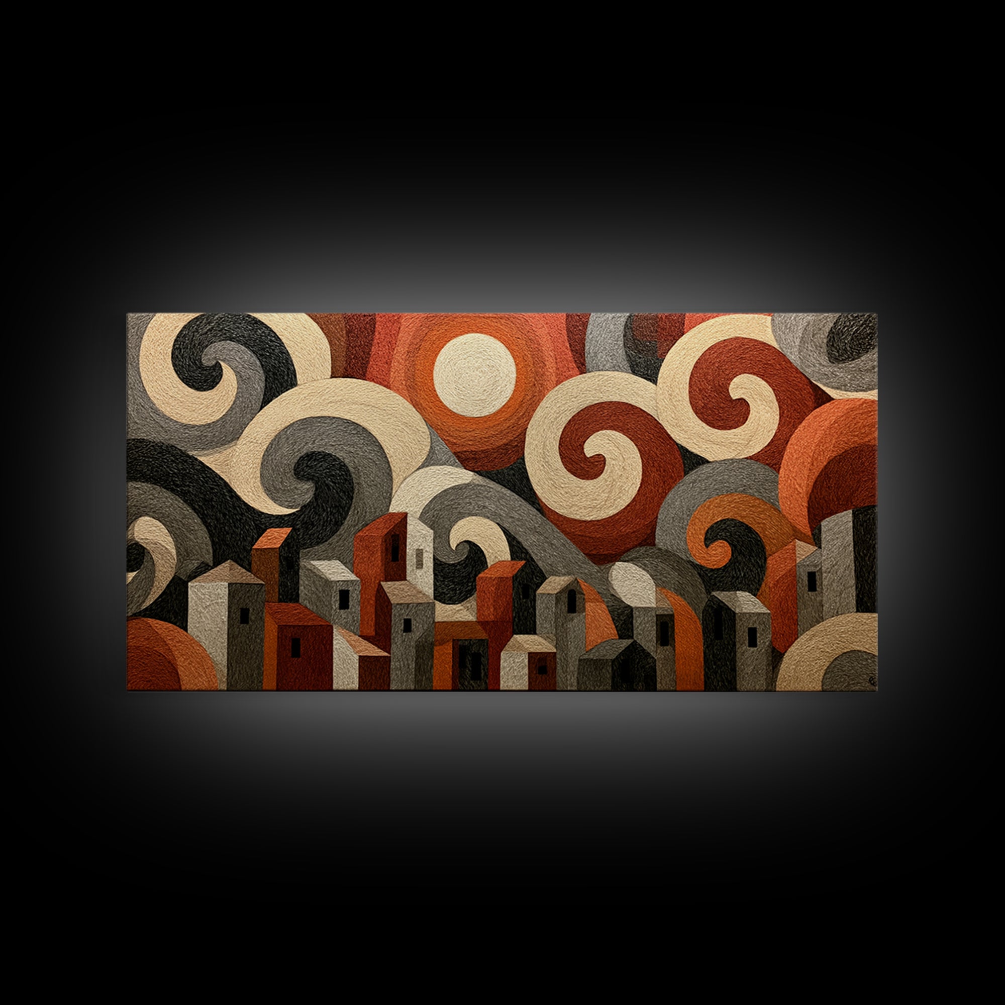 Moonlit Village with Swirling Unnatural Color Framed Canvas Print, Expressionist Art, Art Print, Living Room Decor, Expression, EXP-2x1-56