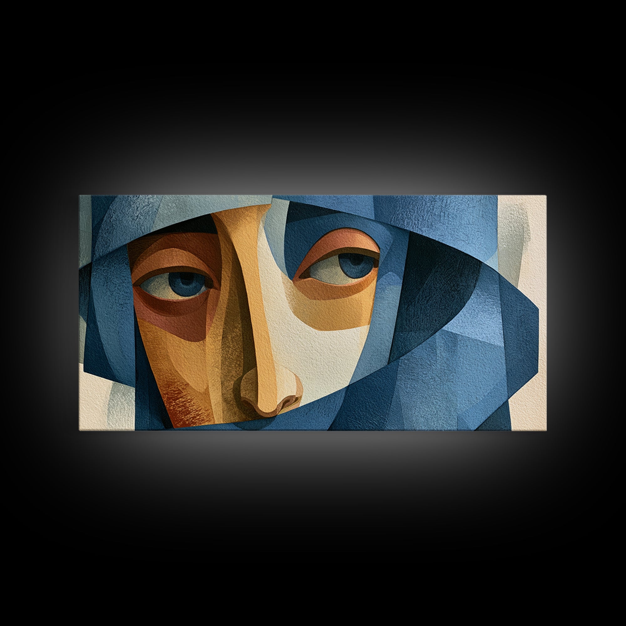 Woman in Blue with Dramatic Expressive Eyes Framed Canvas Print, Expressionist Art, Digital Art, Living Room Decor, Expression, EXP-2x1-60
