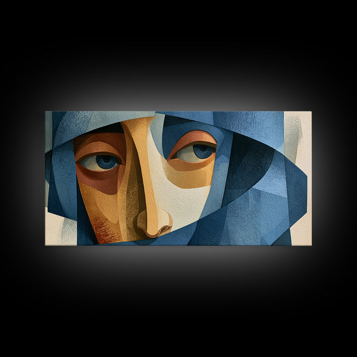 Woman in Blue with Dramatic Expressive Eyes Framed Canvas Print, Expressionist Art, Digital Art, Living Room Decor, Expression, EXP-2x1-60