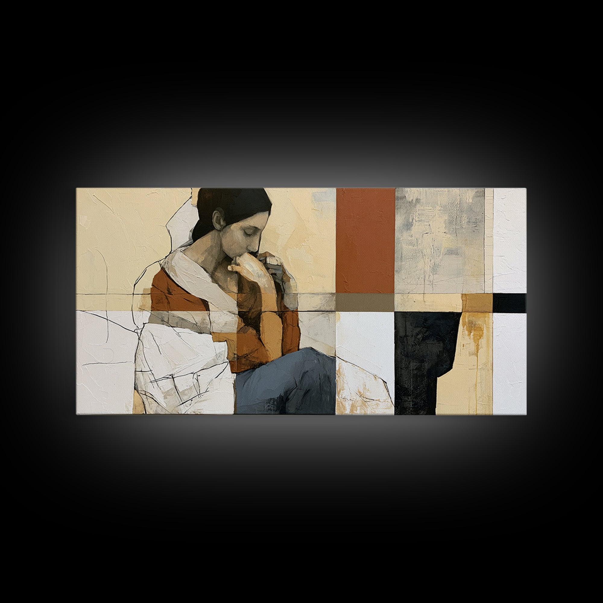 Seated Figure with Raw Gestural Outlines Framed Canvas Print, Expressionist Art, Room Decor, Living Room Decor, Oil Painting, EXP-2x1-75