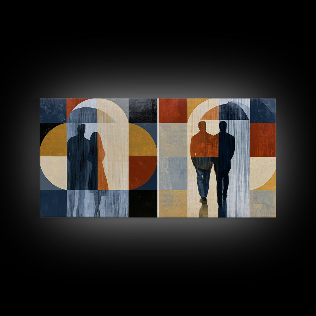 Couple Walking Through Rain Framed Canvas Print, Expressionist Art, Large Wall Art, Living Room Decor, Fine Art, Expression, EXP-2x1-91