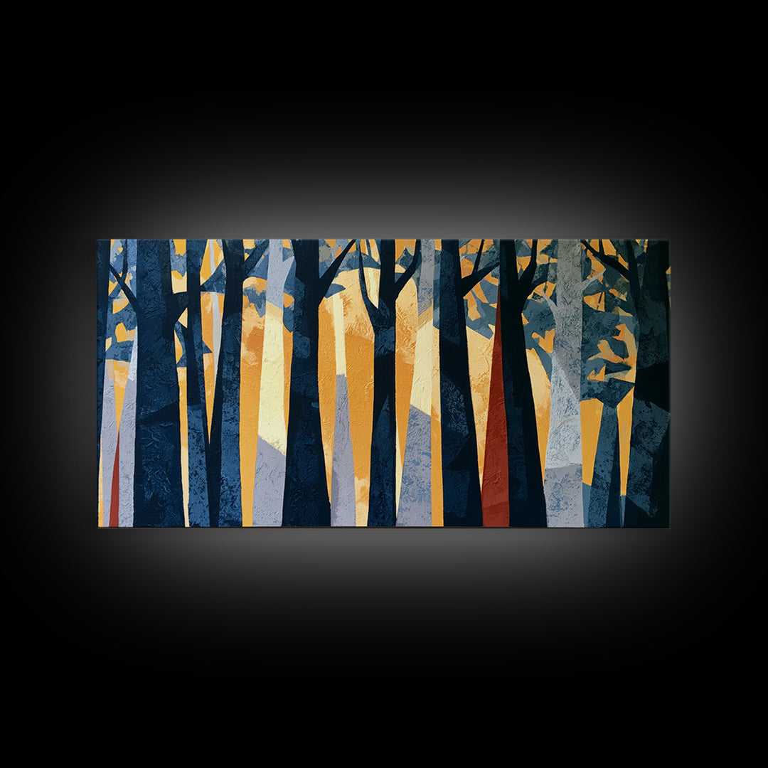 Dark Forest with Angular Trees and Yellow Canvas Print, Expressionist Art, Original Painting, Living Room Decor, Expression, EXP-2x1-98