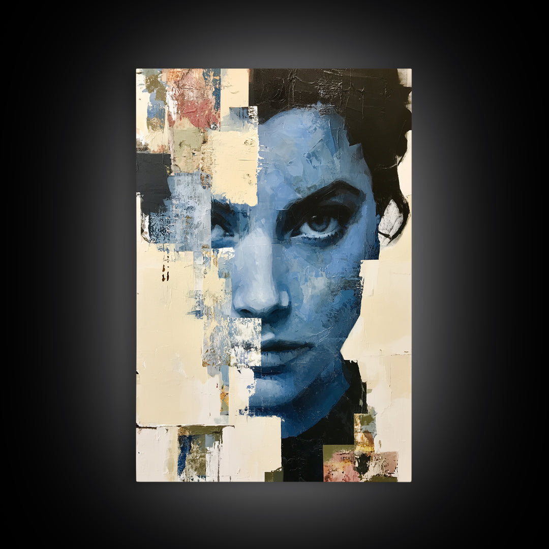 Woman in Blue with Dramatic Expressive Eyes Canvas Print, Expressionist Art, Modern Decor, Living Room Decor, Expression, EXP-2x3-24