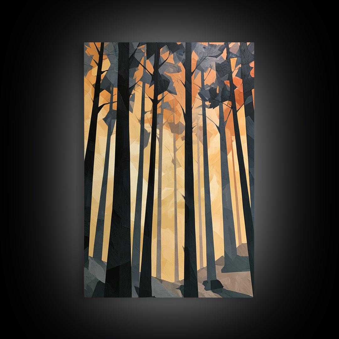 Dark Forest with Angular Trees and Yellow Canvas Print, Expressionist Art, Living Room Decor, Expression, Moody Wall Art, EXP-2x3-38