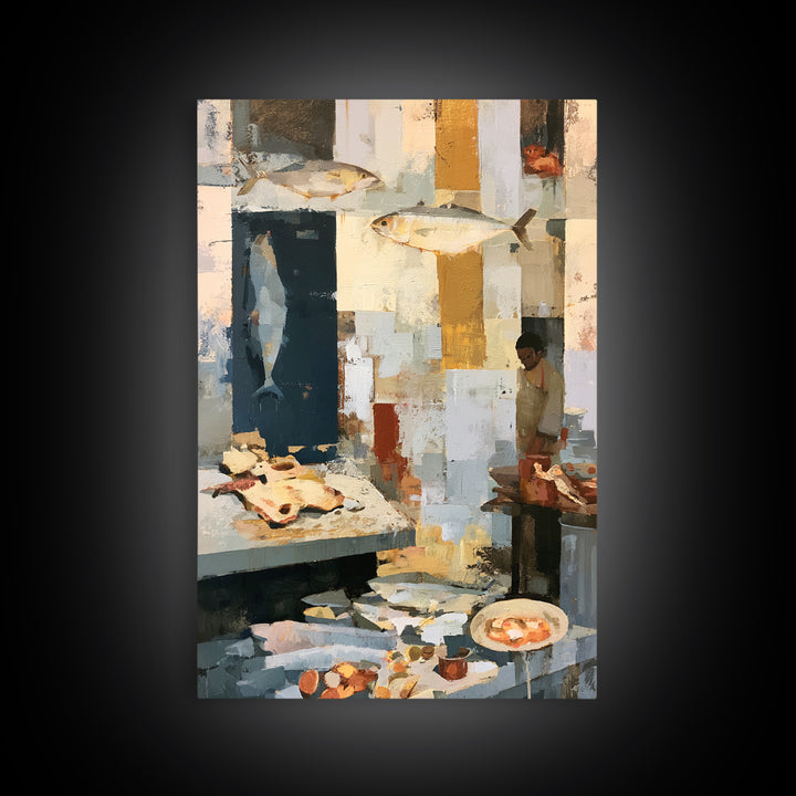 Fish Market Scene Canvas Print, Expressionist Art, Painting, Living Room Decor, Abstract Art, Expression, Abstract Wall Art, EXP-2x3-54