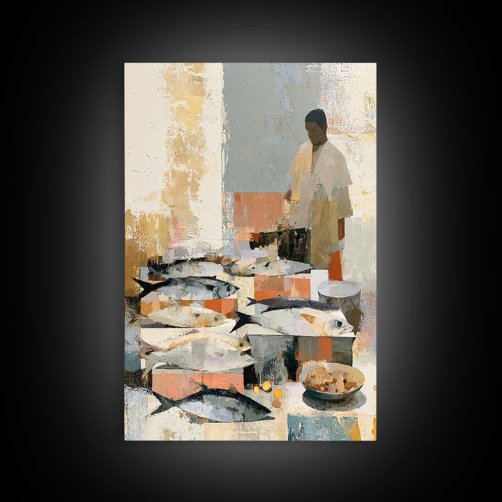Fish Market Scene Framed Canvas Print, Expressionist Art, Minimalist Decor, Living Room Decor, Fine Art, Expression, EXP-2x3-6