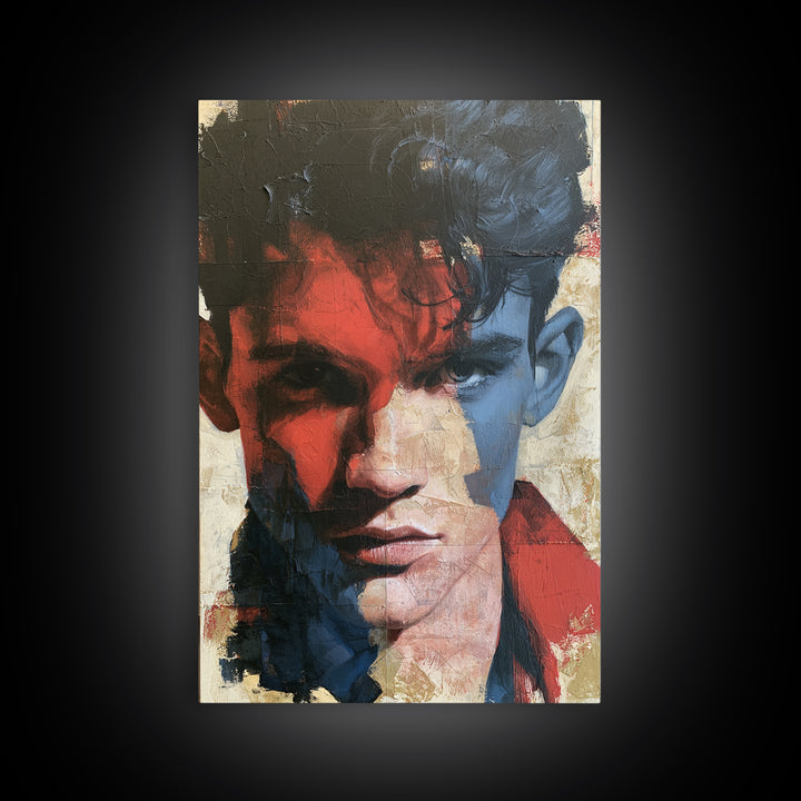 Emotional Portrait with Bold Red and Blue Canvas Print, Expressionist Art, Large Wall Art, Living Room Decor, Expression, EXP-2x3-82