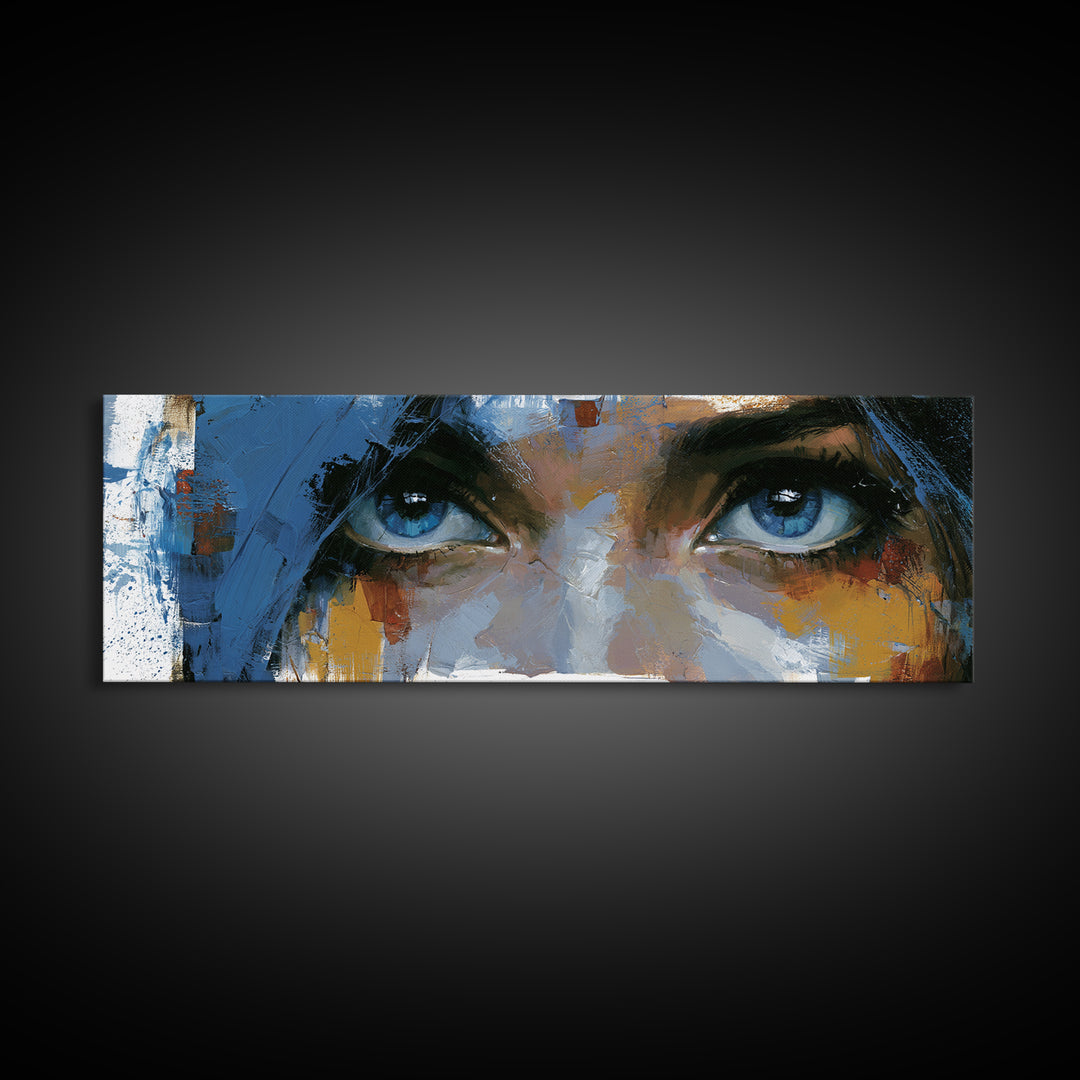 Woman in Blue with Dramatic Expressive Eyes Canvas Print, Expressionist Art, Colorful Wall Art, Living Room Decor, Expression, EXP-3x1-32