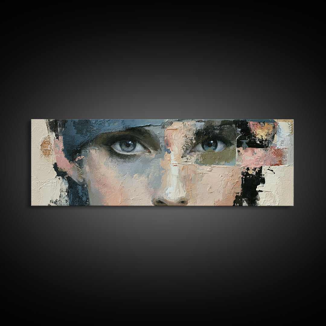 Woman in Blue with Dramatic Expressive Eyes Canvas Print, Expressionist Art, Painting, Living Room Decor, Fine Art, Expression, EXP-3x1-80