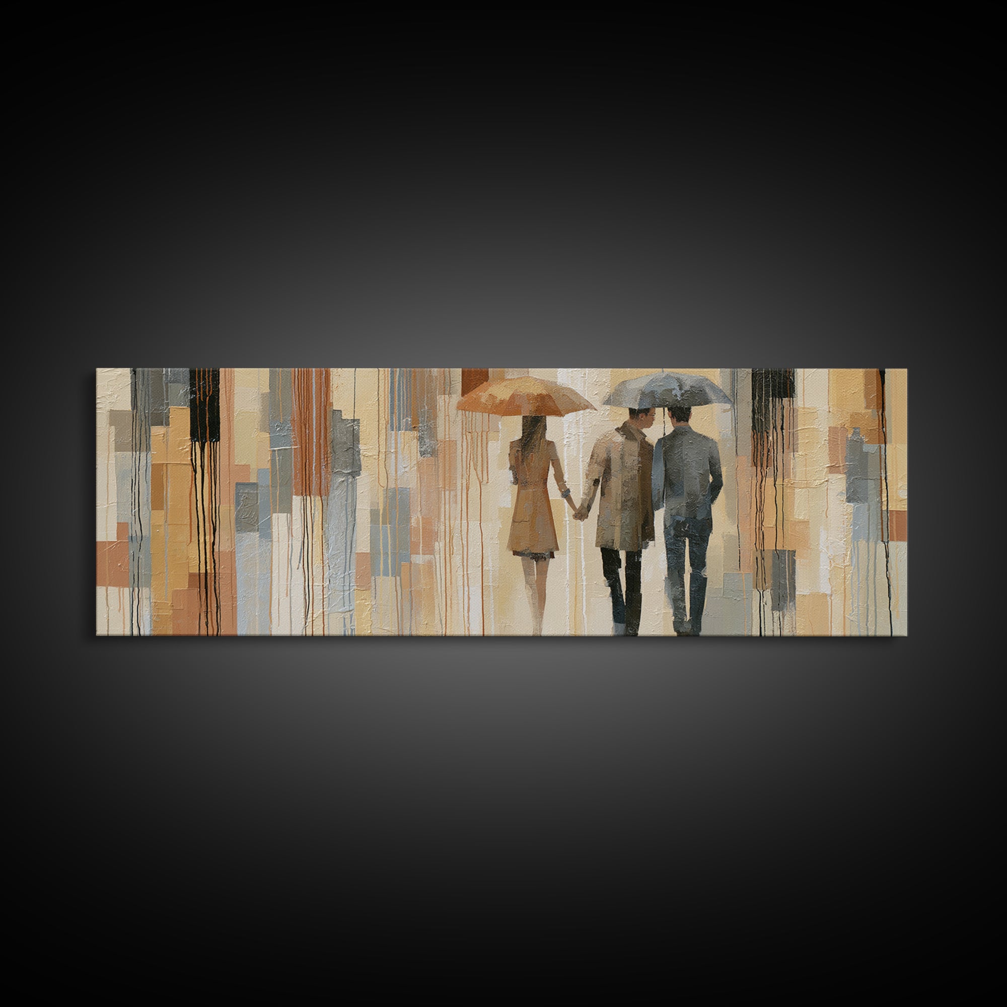 Couple Walking Through Rain Framed Canvas Print, Expressionist Art, Large Wall Art, Living Room Decor, Fine Art, Expression, EXP-3x1-87