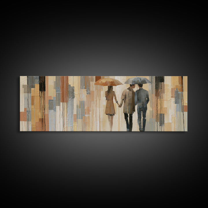 Couple Walking Through Rain Framed Canvas Print, Expressionist Art, Large Wall Art, Living Room Decor, Fine Art, Expression, EXP-3x1-87