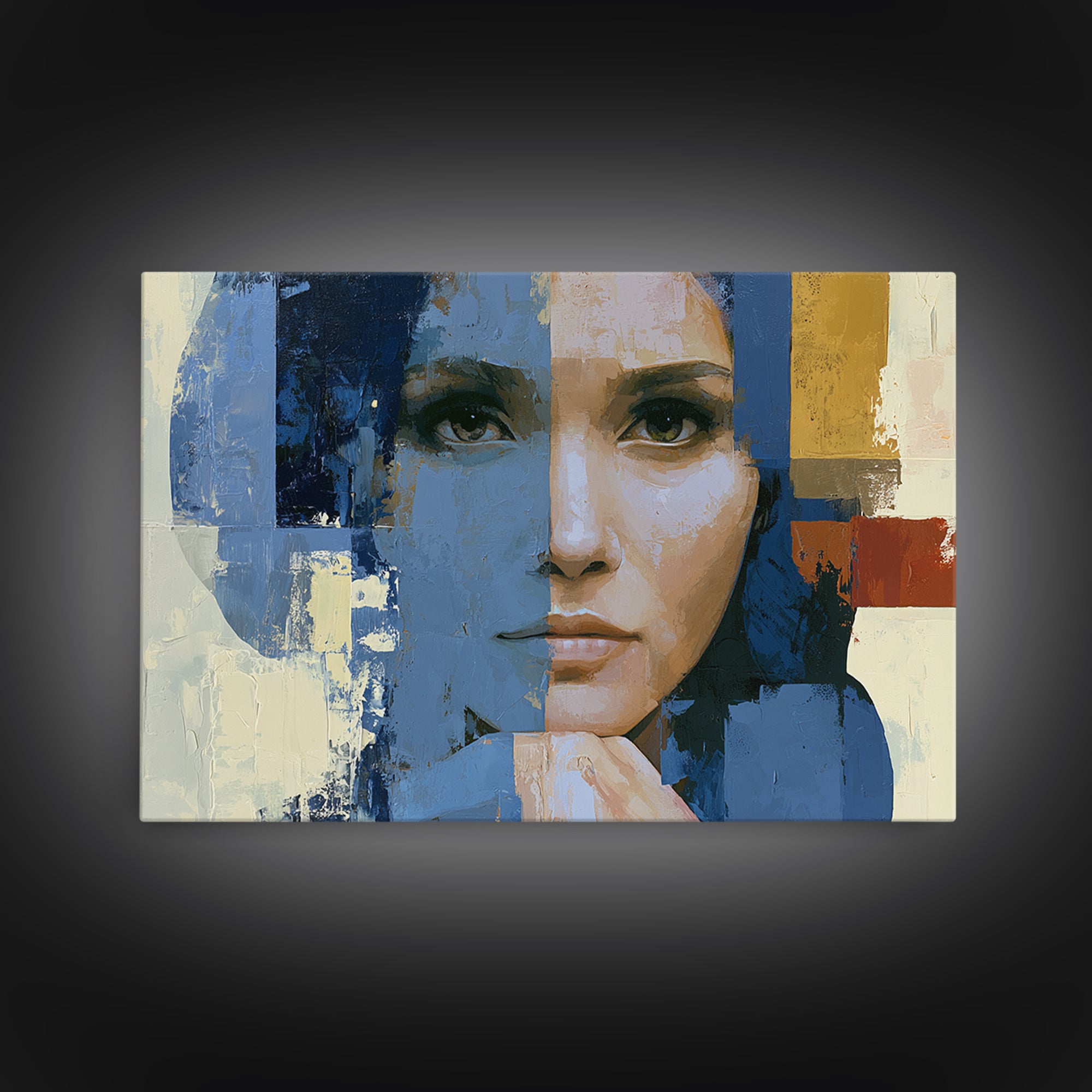 Woman in Blue with Dramatic Expressive Eyes Canvas Print, Expressionist Art, Modern Art, Living Room Decor, Expression, EXP-3x2-20