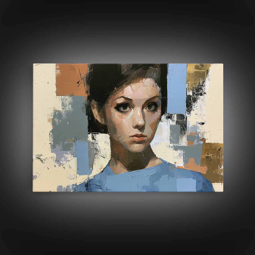 Woman in Blue with Dramatic Expressive Eyes Canvas Print, Expressionist Art, Colorful Wall Art, Living Room Decor, Expression, EXP-3x2-44