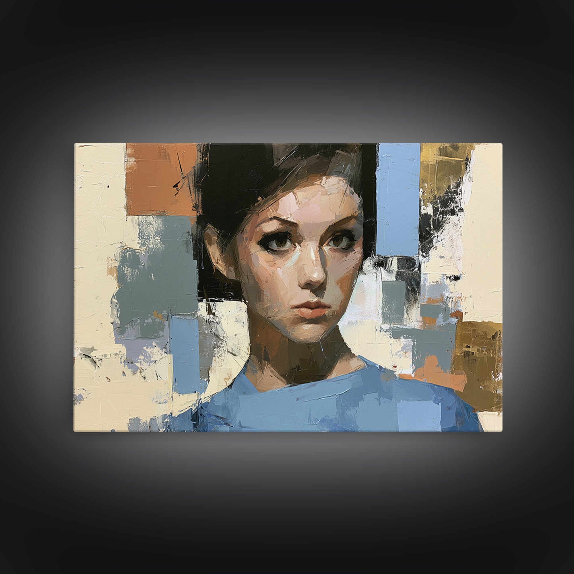 Woman in Blue with Dramatic Expressive Eyes Canvas Print, Expressionist Art, Colorful Wall Art, Living Room Decor, Expression, EXP-3x2-44
