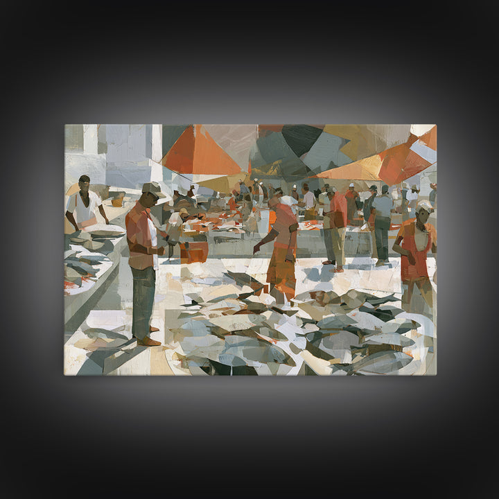 Fish Market Scene Framed Canvas Print, Expressionist Art, Modern Wall Art, Living Room Decor, Expression, Fine Art Print, EXP-3x2-50