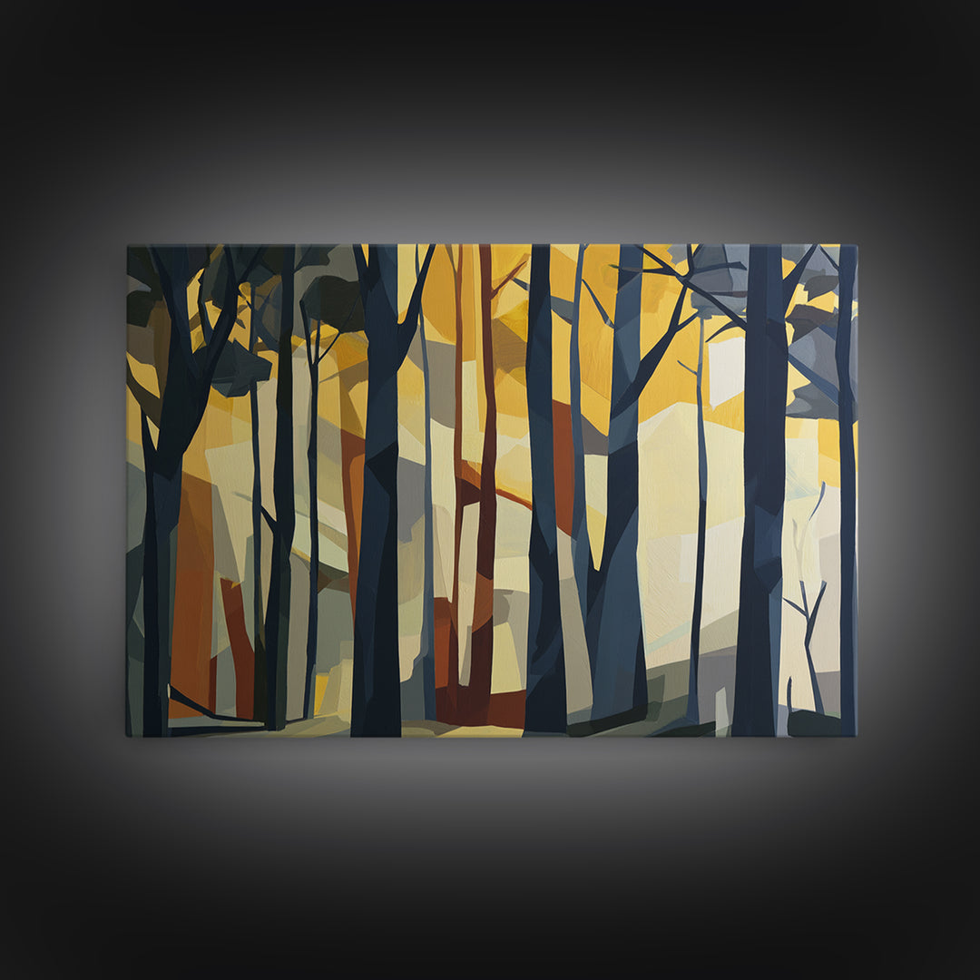 Dark Forest with Angular Trees and Yellow Canvas Print, Expressionist Art, Abstract Painting, Living Room Decor, Expression, EXP-3x2-58