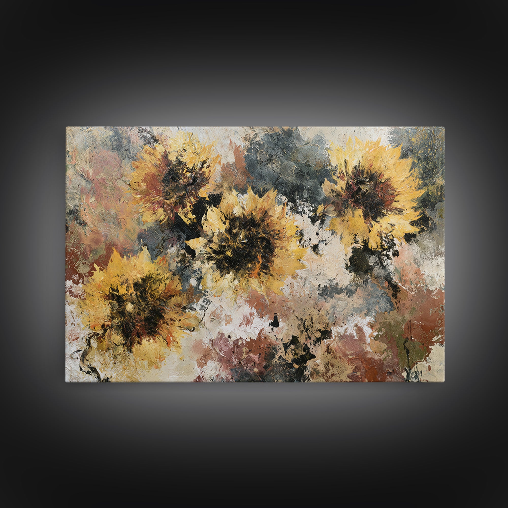 Sunflowers Twisting in Intense Painted Energy Canvas Print, Expressionist Art, Textured Painting, Living Room Decor, Expression, EXP-3x2-60