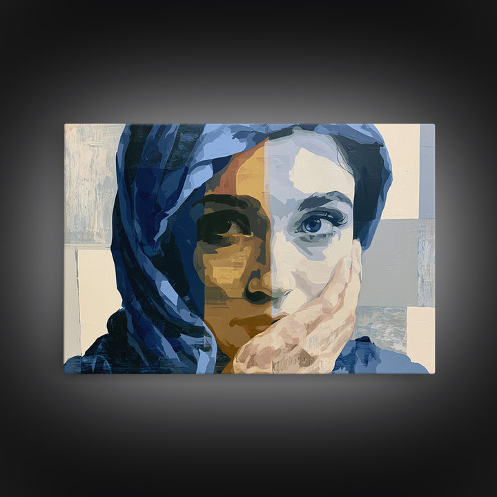 Woman in Blue with Dramatic Expressive Eyes Framed Canvas Print, Expressionist Art, Painting, Living Room Decor, Expression, EXP-3x2-92