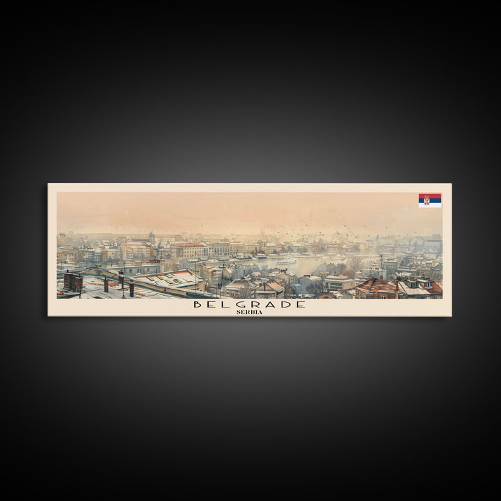 Belgrade Serbia Panoramic Travel Poster, Framed Canvas Print or Metal Wall Art, Travel Art, Home Decor, Panoramic Painting, Midcentury Art