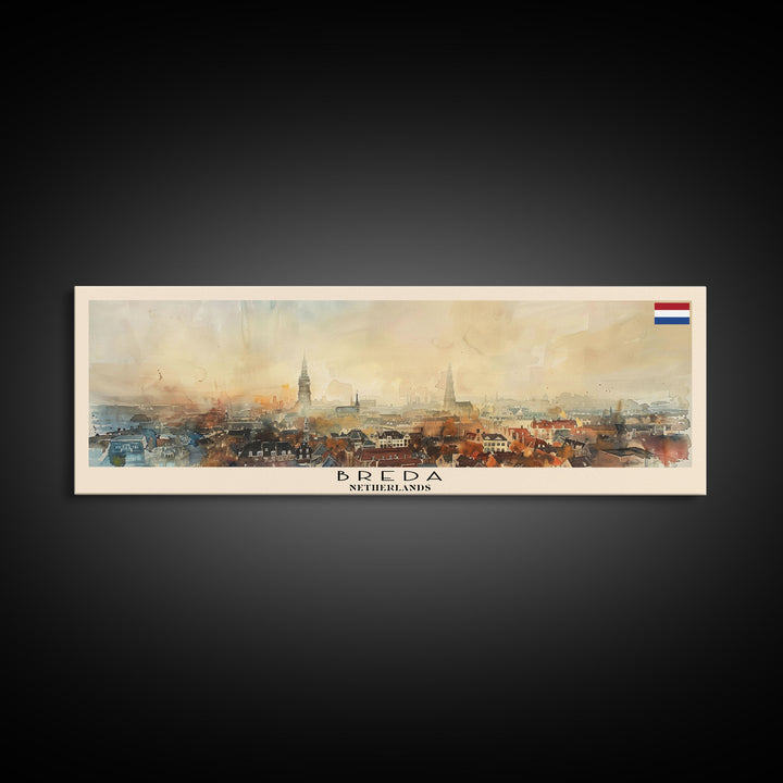 Breda Netherlands Panoramic Travel Poster, Framed Canvas Print or Metal Wall Art, Travel Art, Home Decor, Panoramic Painting, Midcentury Art