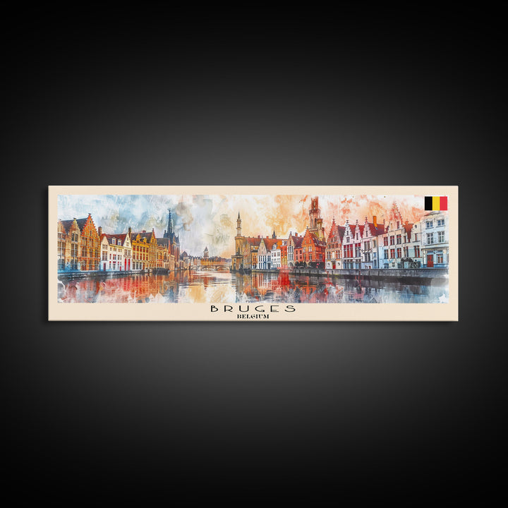 Bruges Belgium Travel Art, City Art, Framed Canvas Print or Metal Wall Art, Europe Travel Poster, Panoramic Wall Art, Extra Wide Wall Art