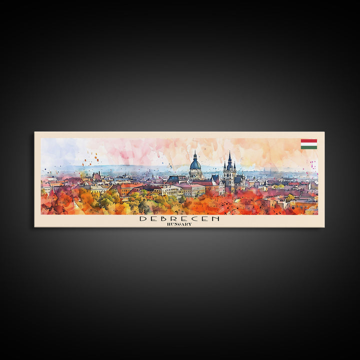 Debrecen Hungary Panoramic Travel Poster, Framed Canvas Print or Metal Wall Art, Travel Art, Home Decor, Panoramic Painting, Midcentury Art