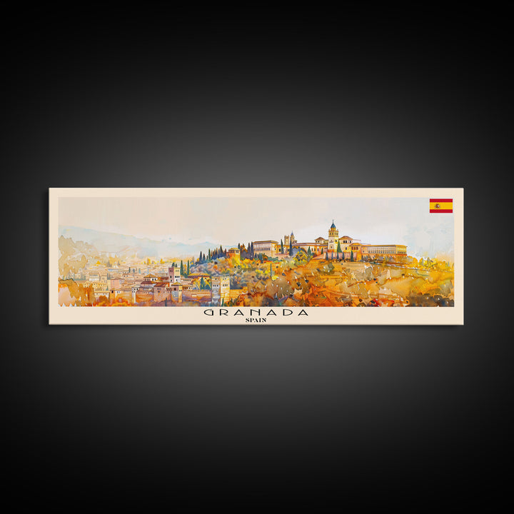 Granada Spain Panoramic Travel Poster, Framed Canvas Print or Metal Wall Art, Travel Art, Home Decor, Panoramic Painting, Midcentury Art