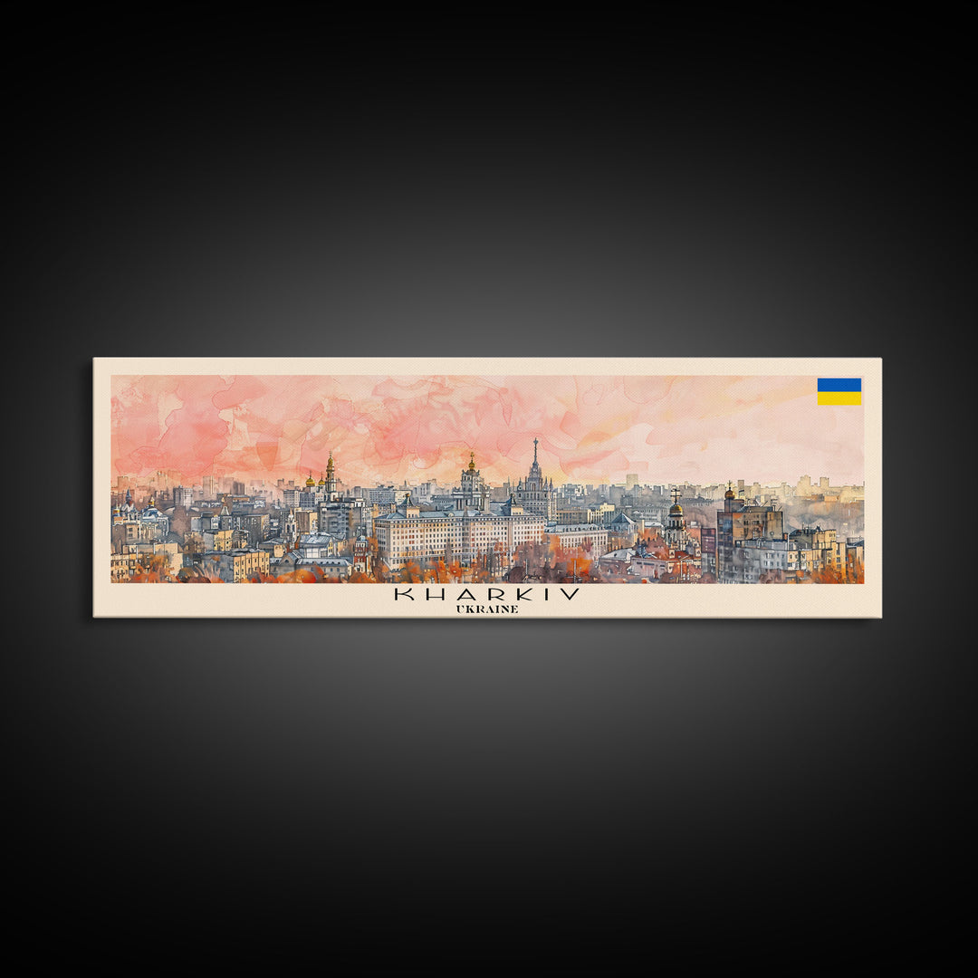 Kharkiv Ukraine Panoramic Travel Poster, Framed Canvas Print or Metal Wall Art, Travel Art, Home Decor, Panoramic Painting, Midcentury Art