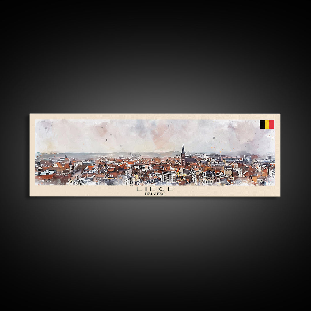 Liege Belgium Panoramic Travel Poster, Framed Canvas Print or Metal Wall Art, Travel Art, Home Decor, Panoramic Painting, Midcentury Art