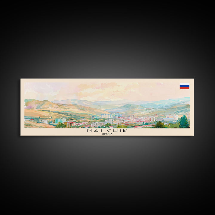 Nalchik Russia Panoramic Travel Poster, Framed Canvas Print or Metal Wall Art, Travel Art, Home Decor, Panoramic Painting, Midcentury Art