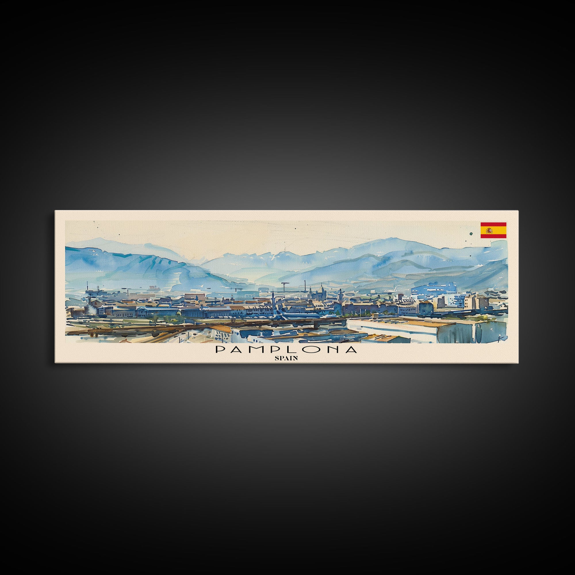 Pamplona Spain Panoramic Travel Poster, Framed Canvas Print or Metal Wall Art, Travel Art, Home Decor, Panoramic Painting, Midcentury Art