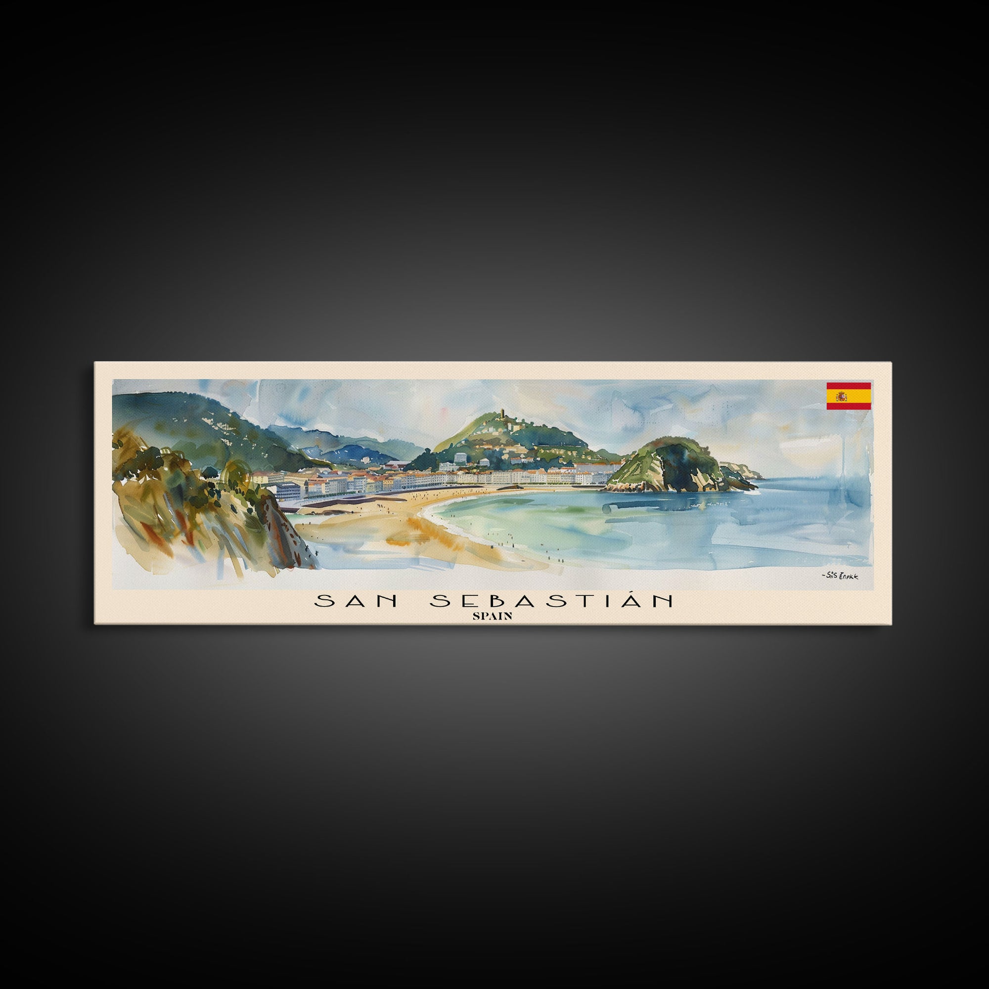 San Sebastian Spain Panoramic Travel Poster, Framed Canvas Print or Metal Wall Art, Travel Art, Home Decor, Panoramic Painting, Midcentury Art