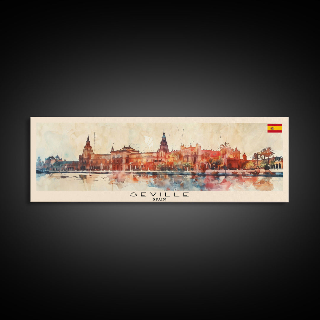 Seville Spain Panoramic Travel Poster, Framed Canvas Print or Metal Wall Art, Travel Art, Home Decor, Panoramic Painting, Midcentury Art