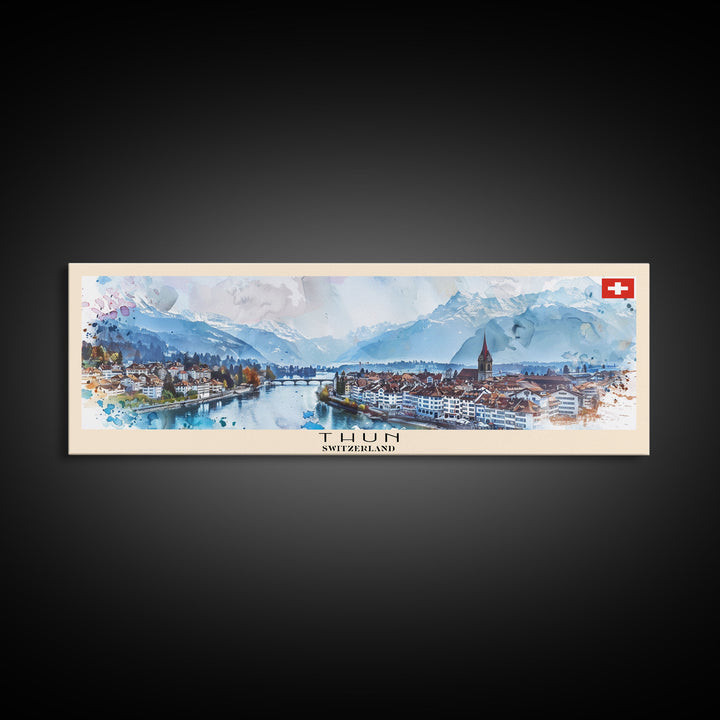Thun Switzerland Panoramic Travel Poster, Framed Canvas Print or Metal Wall Art, Travel Art, Home Decor, Panoramic Painting, Midcentury Art